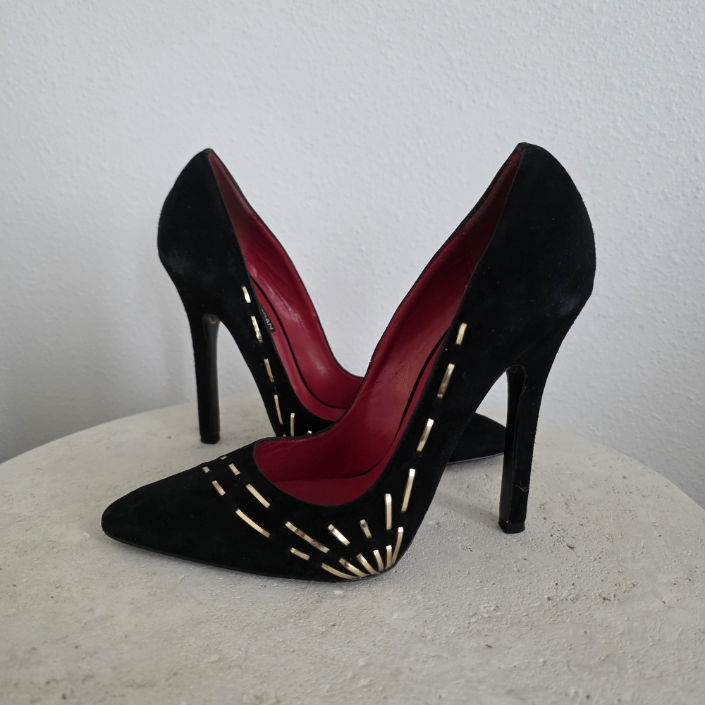 Sexy Charles Jourdan Paris Britney Black Suede Heels Pumps with Gold Accents 7